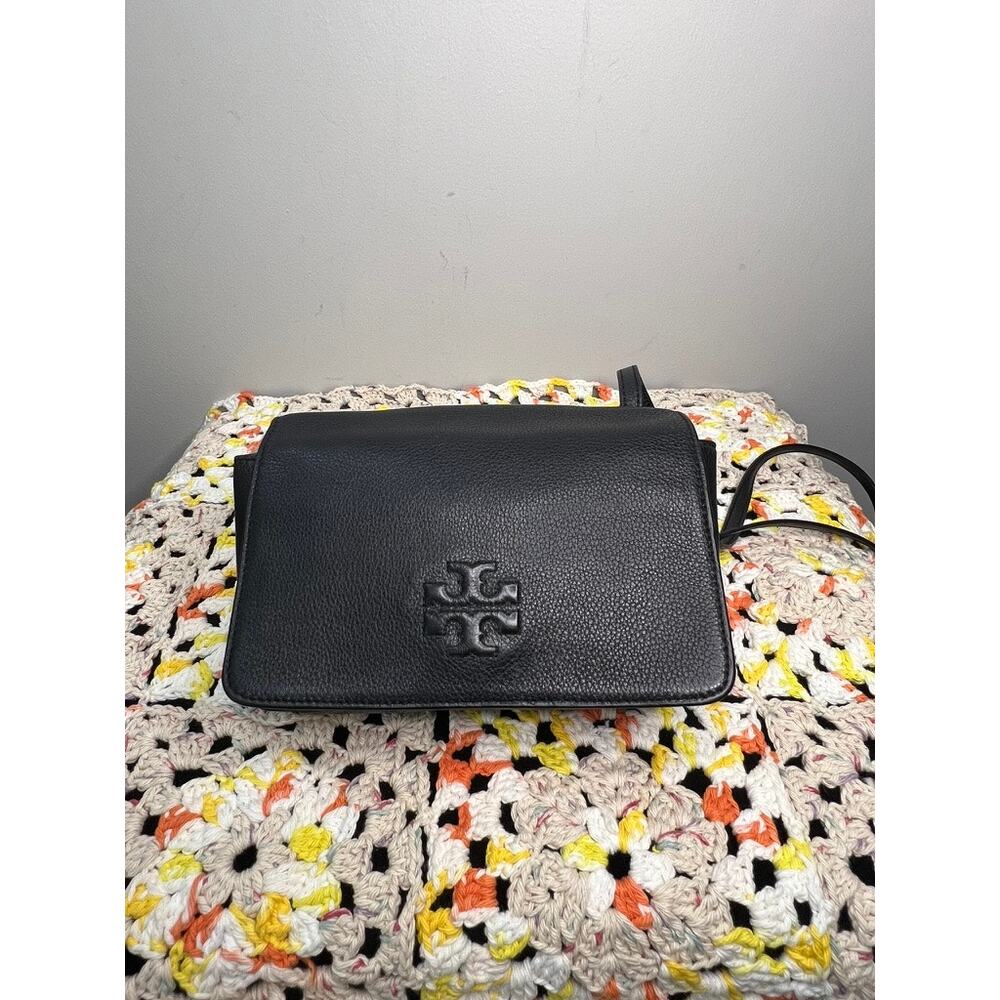 Tory Burch Black Pebbled Leather Flap Crossbody Bag Adjustable Strap - Picture 2 of 11